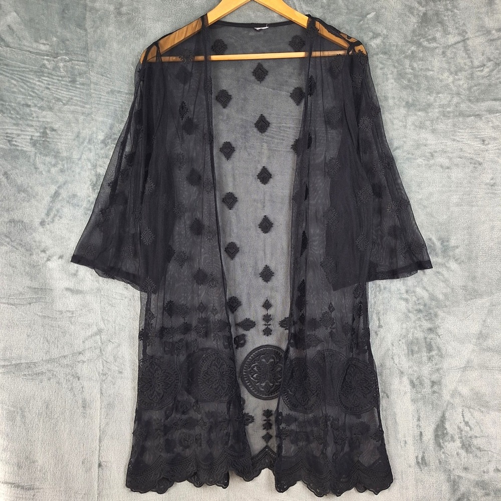 Womens Kimono Medium Black Whimsigoth Duster‎ Sheer Embroidered Floral Festival